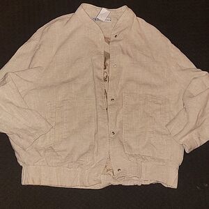 Zara Oversized Linen Blend Bomber Moto Jacket Sand Medium Beige